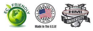 eco friendly, made in the usa and HMI university combination logo